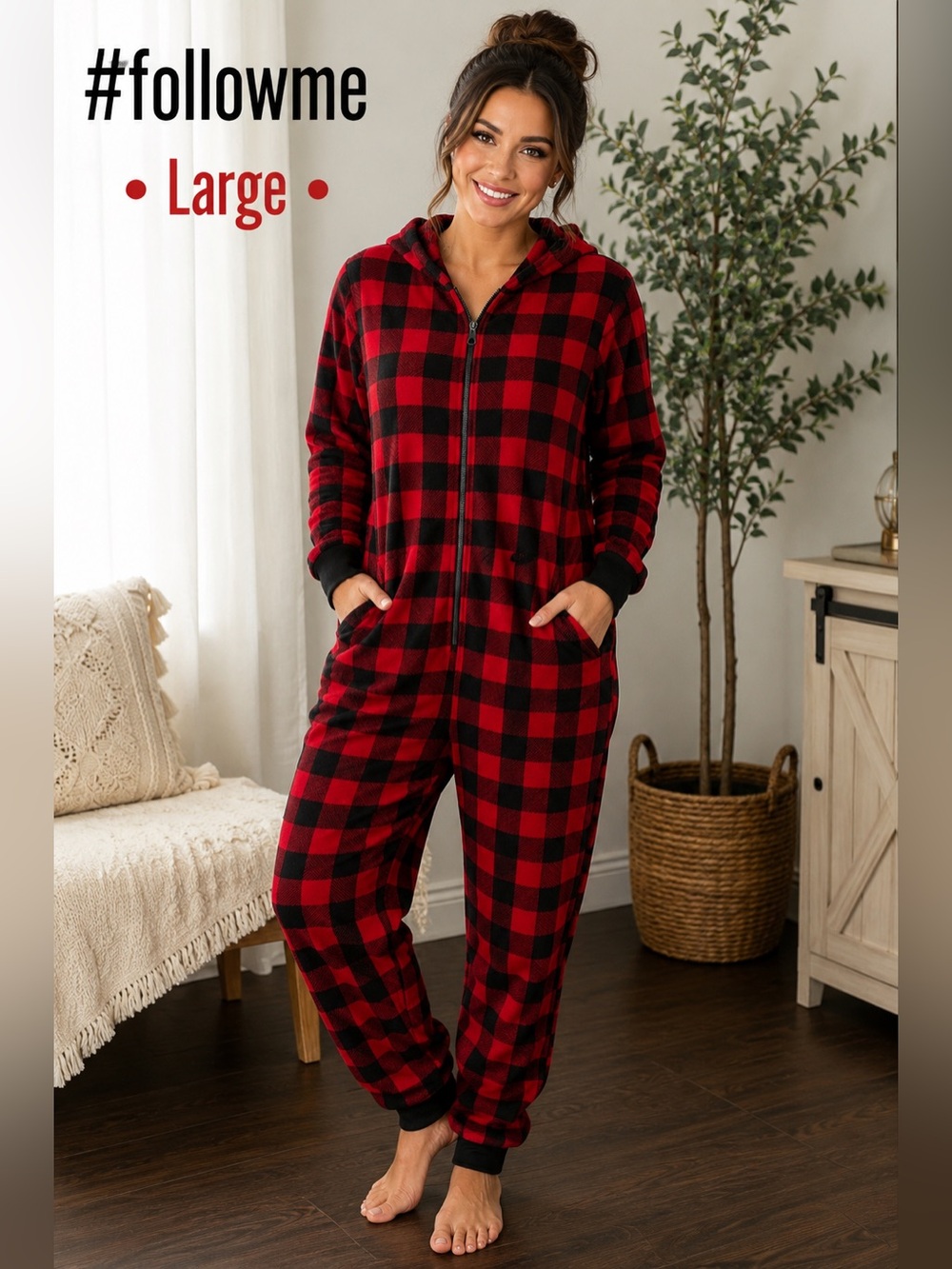 followme Buffalo Plaid Hooded Fleece One Piece Pajamas L